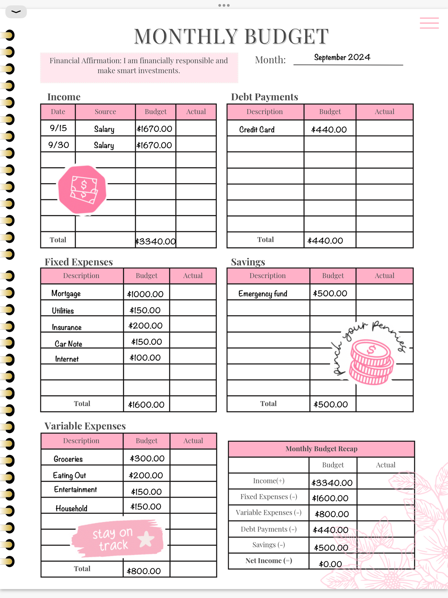 Undated Hyperlinked Monthly Budget Planner