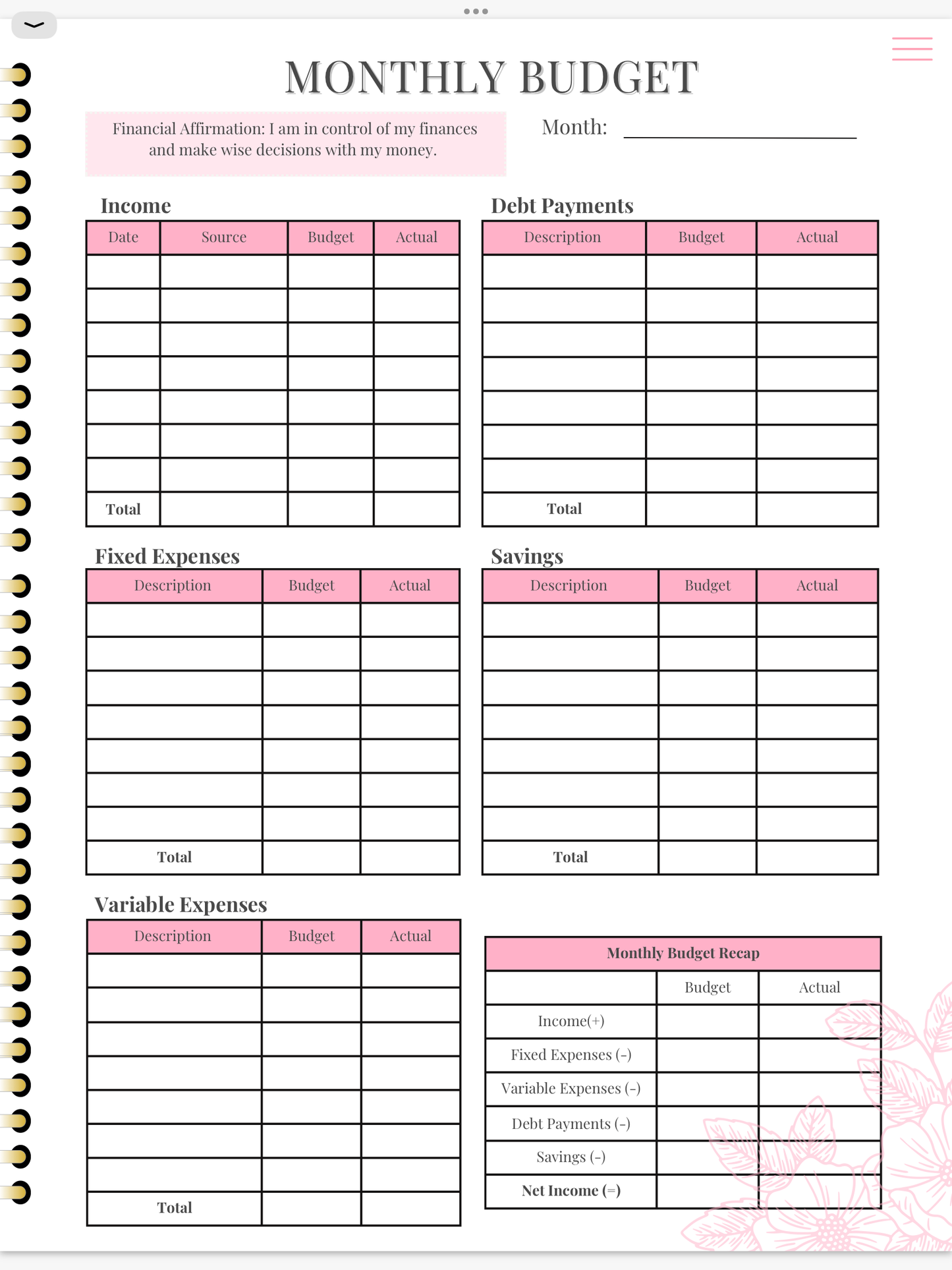 Undated Hyperlinked Monthly Budget Planner